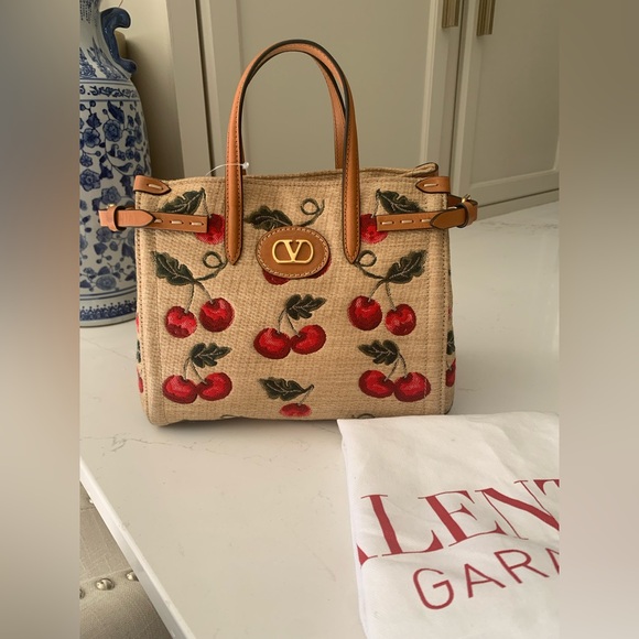 Valentino Garavani Handbags - Cute VALENTINO GARAVANI Antibes Small Raffia Cherry Jacquard Tote Bag